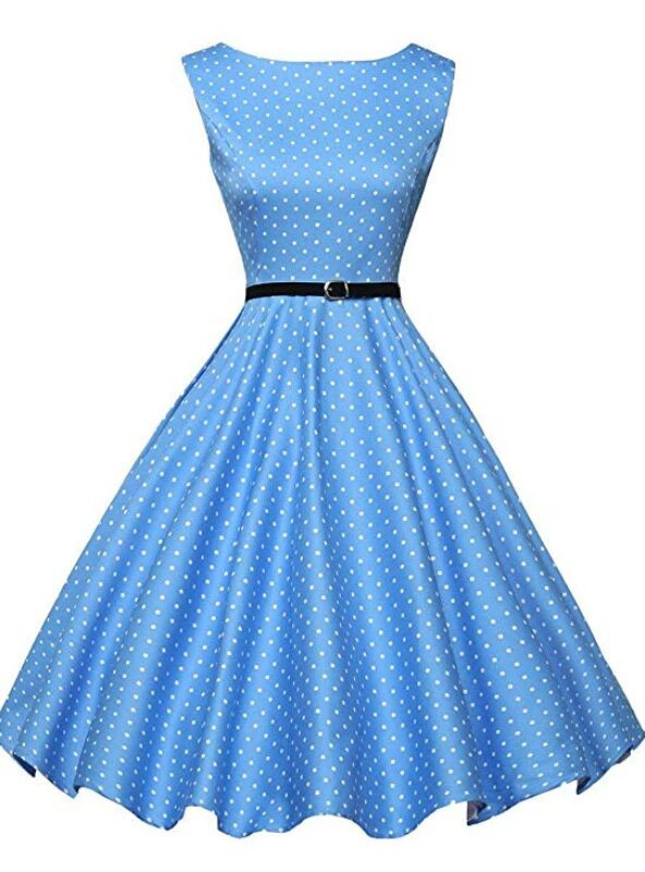 Ready To Ship Blue Boatneck Sleeveless Vintage Tea Dress With Belt -  Kemedress