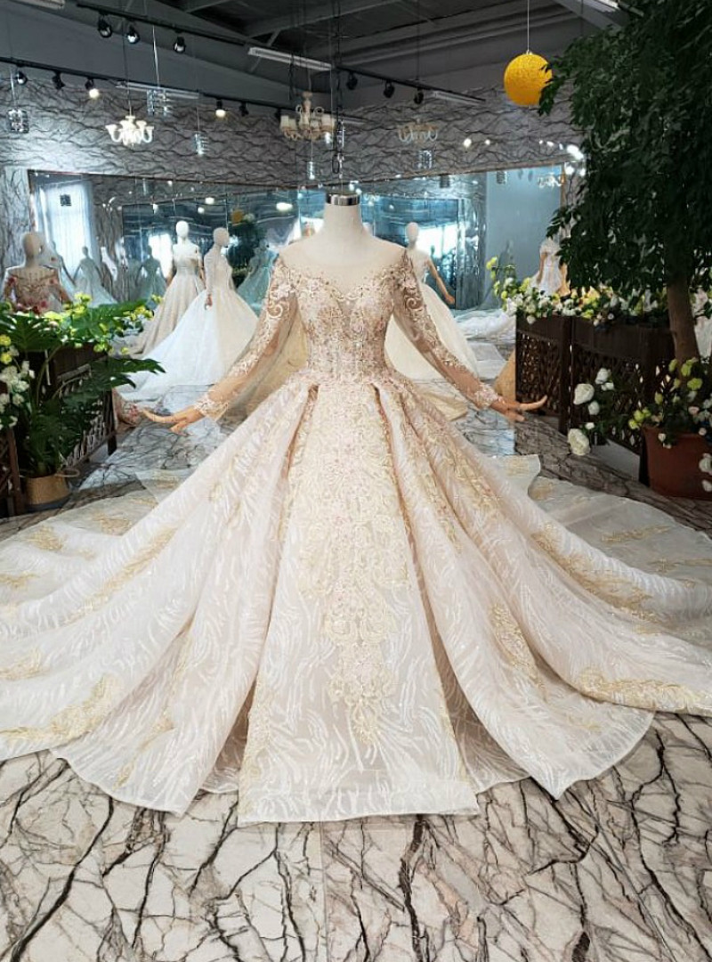 white christmas dresses Long Sleeve Vintage Wedding Dress Backless Rustic Bridal Gown WD730 US4 / Ivory Lace+Champagne Lining