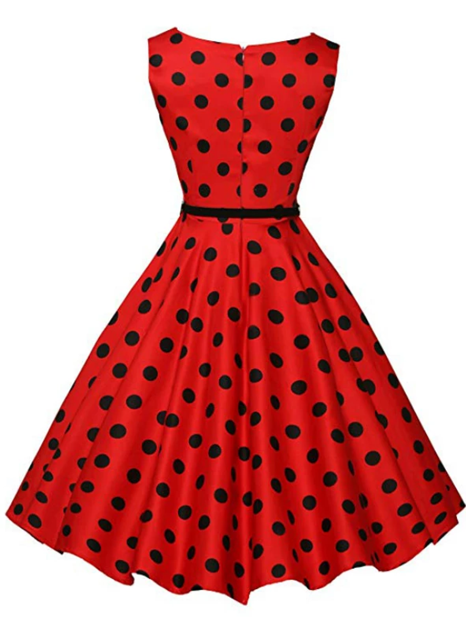 Women Red Sleeveless Polka Dot Vintage Dress - Kemedress