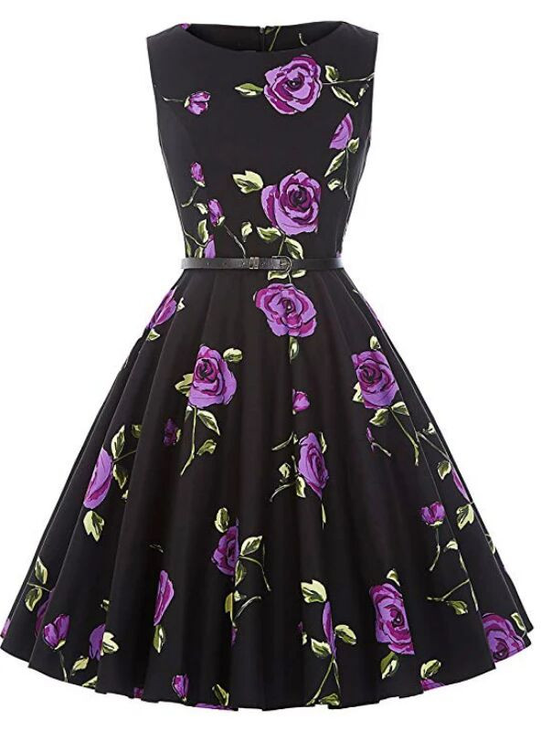 Women Purple Rose Flower Short Vintage Dress With Sash