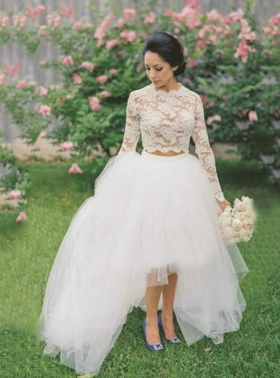 A-Line White Lace Tulle Hi Lo Long Sleeve Wedding Dress