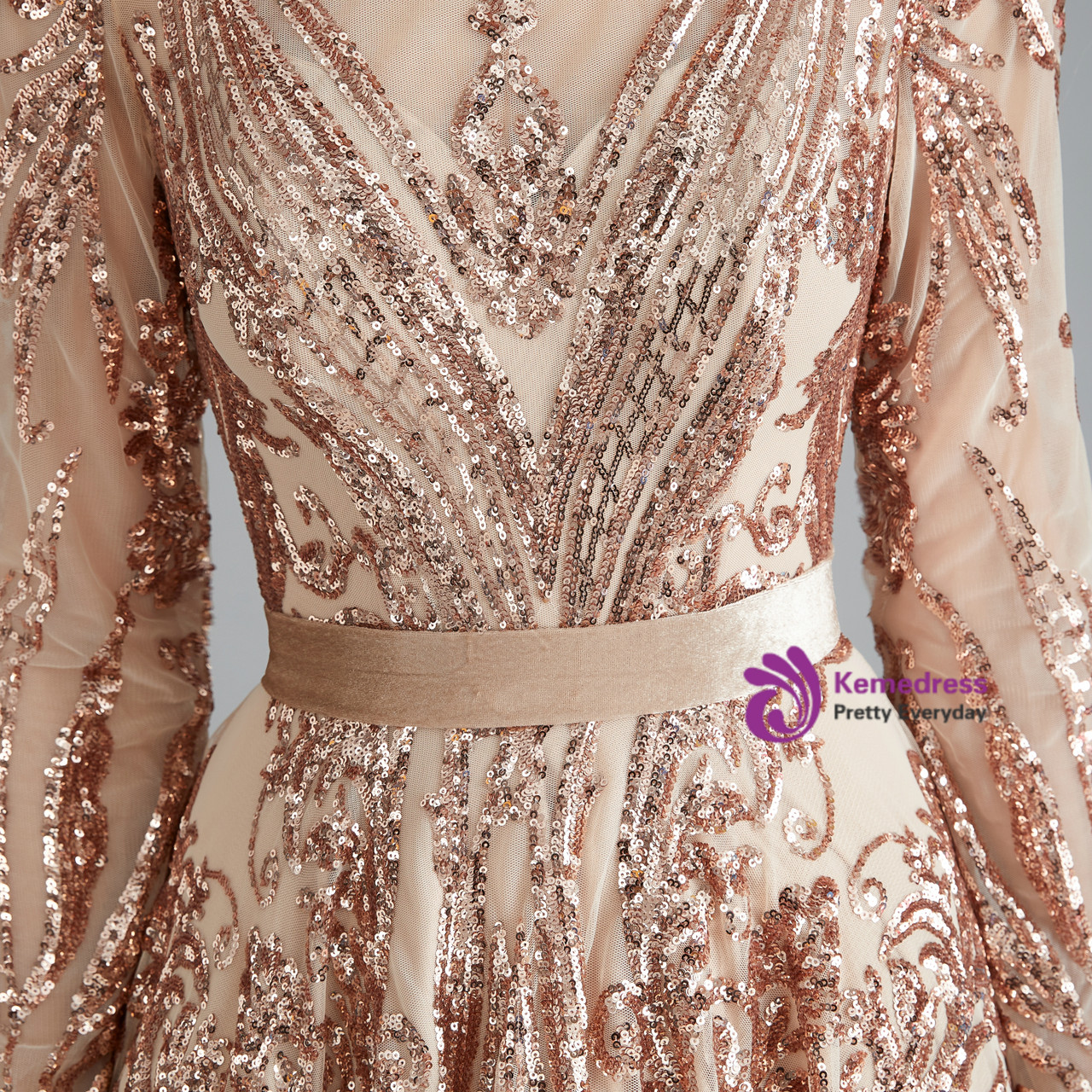 Champagne Gold Sequins Long Sleeve Backless Prom Dress Champagne Gold Sequins Long Sleeve Backless Prom Dress