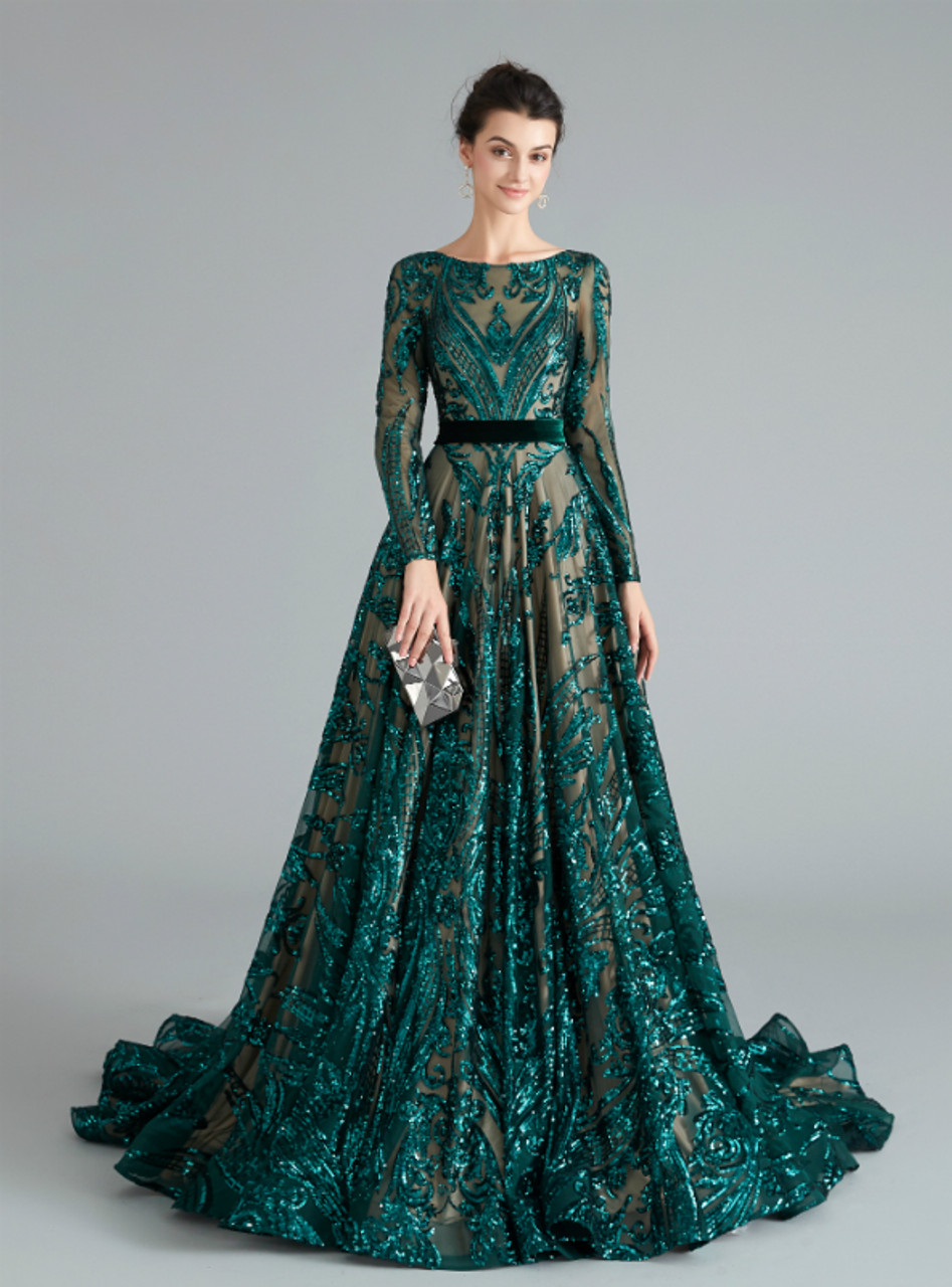 dark green sequin dress long