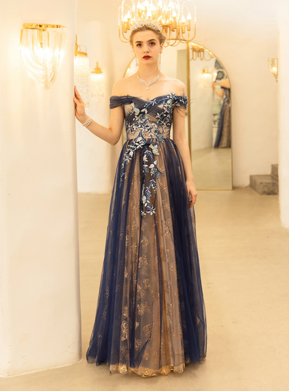 In Stock:Ship in 48 Hours Dark Blue Tulle Sequins Off the Shoulder Prom Dress In Stock:Ship in 48 Hours Dark Blue Tulle Sequins Off the Shoulder Prom Dress
