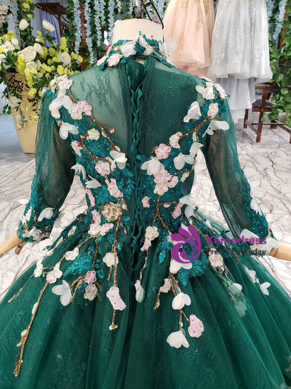 Green Ball Gown Tulle High Neck Long Sleeve Appliques Beading Flower Girl  Dress