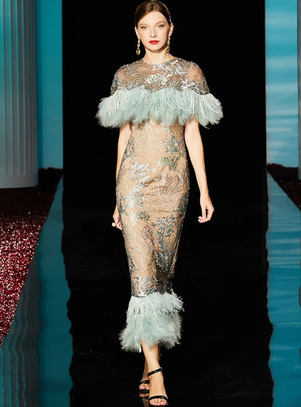 Feather tea length mother of the bride dress with silver green floral embroidery and mint feather trim