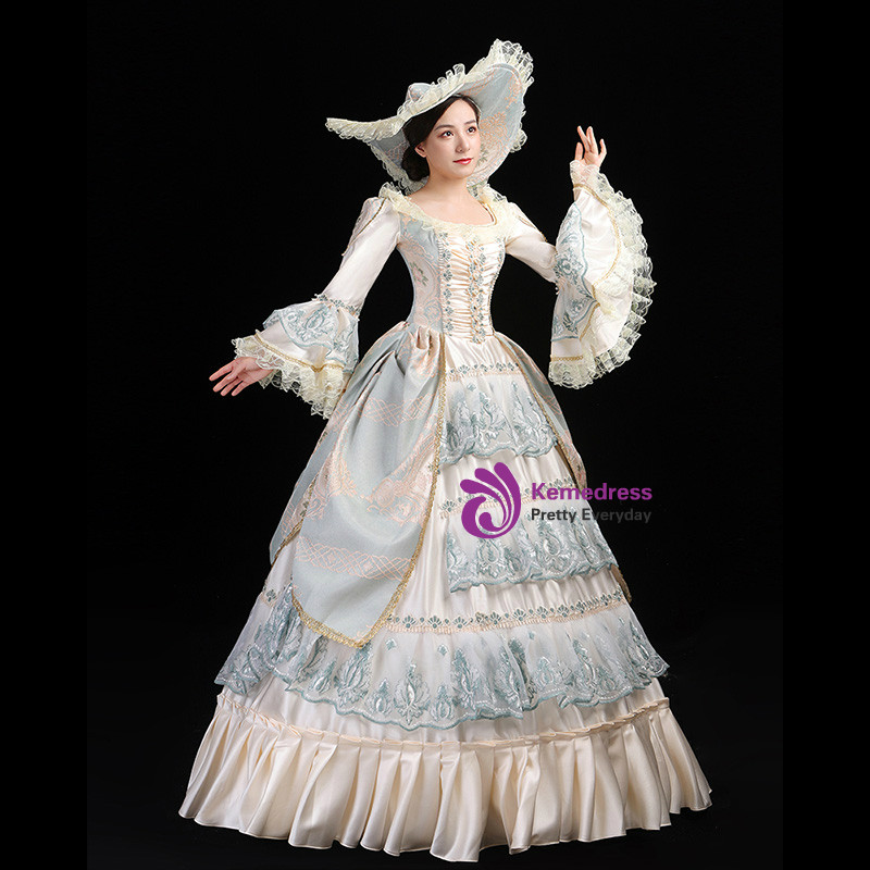 Blue tulle layers and embroidery on Victorian inspired ball gown