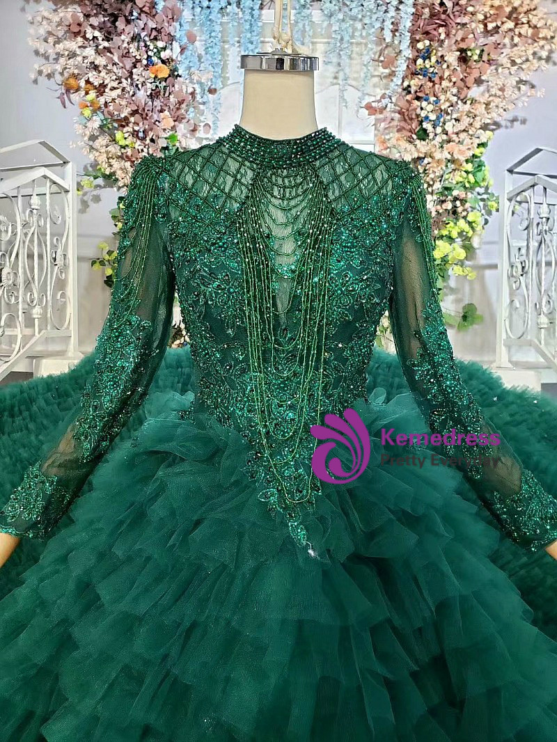 Dark Green Ball Gown Tulle Beading Long Sleeve Wedding Dress With Veil
