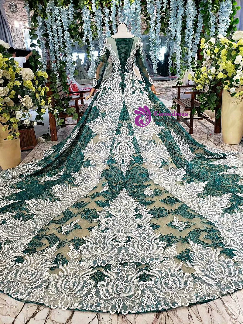 Elegance Green And White Lace Long Sleeve Beading Wedding Dress With Veil