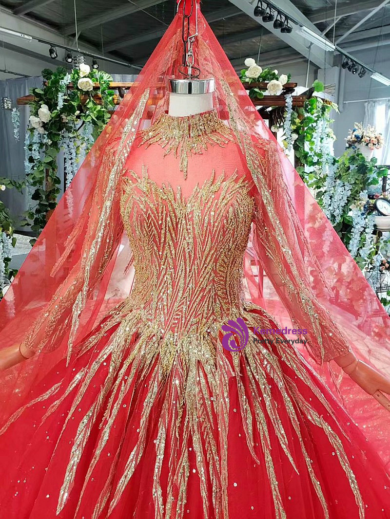 Red high neck sequin wedding dress with beaded bodice and long sleeves