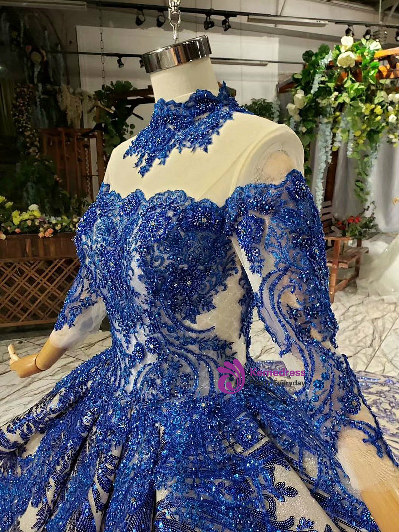 Blue Baroque ball gown showing full skirt volume and embellished upper body