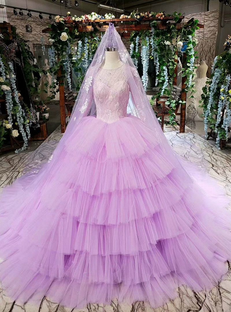 Purple Ball Gown Tulle Beading Long 