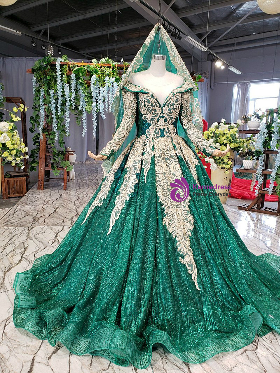 Green Ball Gown Sequins Lace Appliques Off the Shoulder Wedding ...