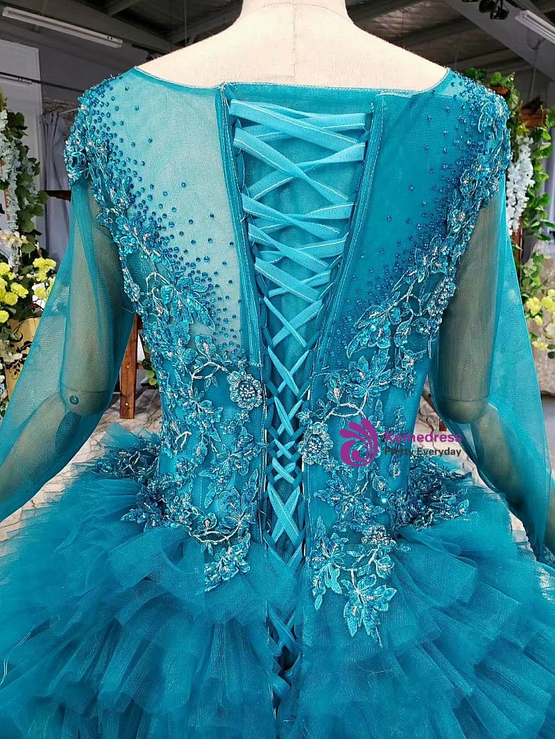 Blue and mint green ombre ball gown wedding dress with beaded lace bodice, long tulle sleeves and layered skirt