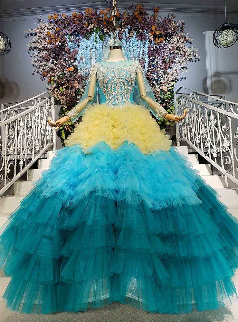 Yellow Tulle Long Sleeve Floor Length 