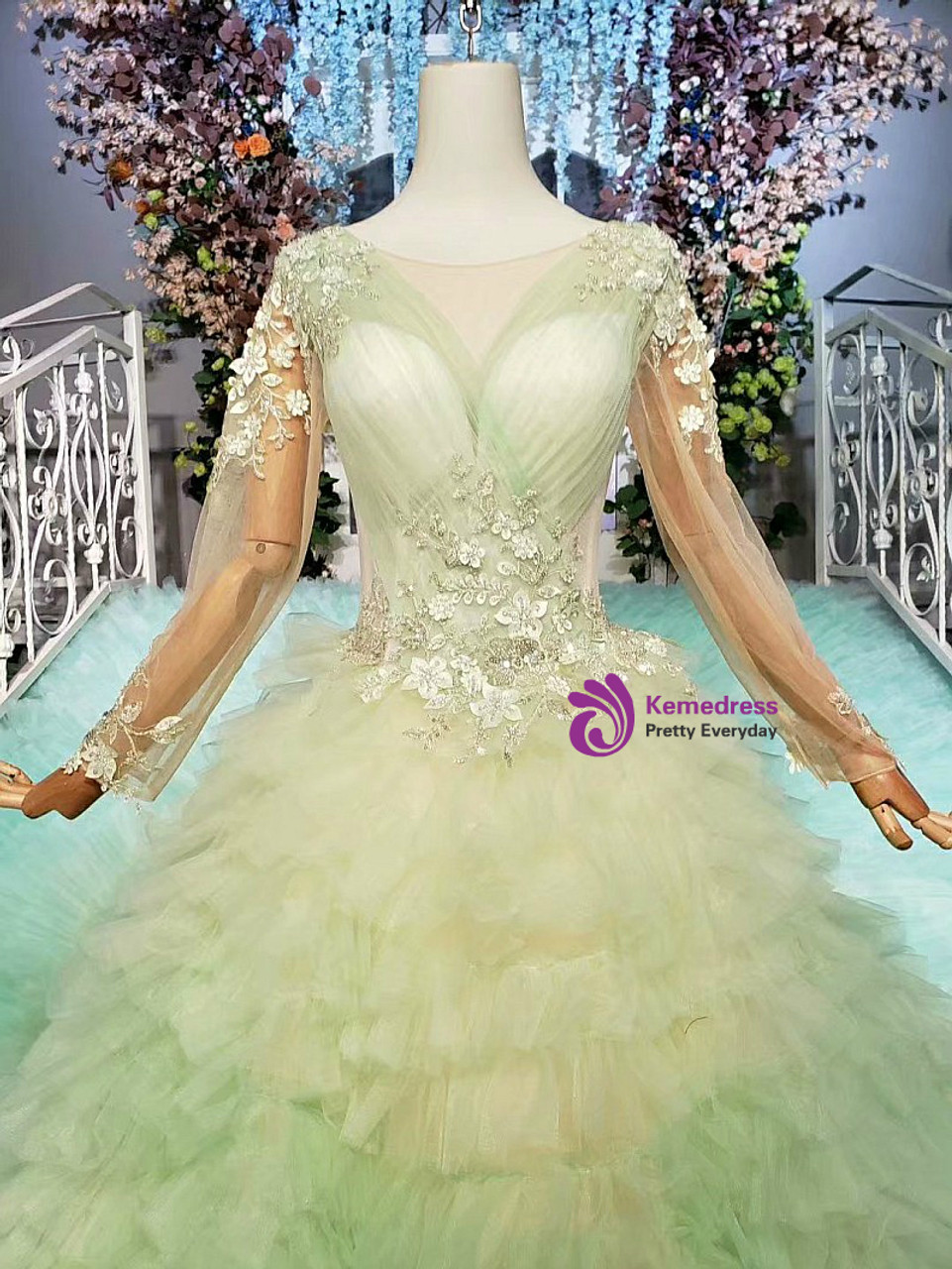 Viridis dress green fairy princess with ruffled tiered skirt tulle ballgown  wedding/prom dress - various styles