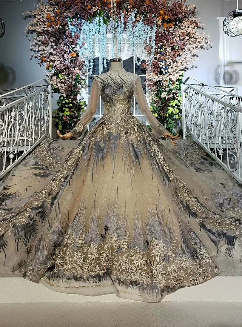 Vintage champagne embroidery wedding dress with high neck, long sleeves and full tulle skirt