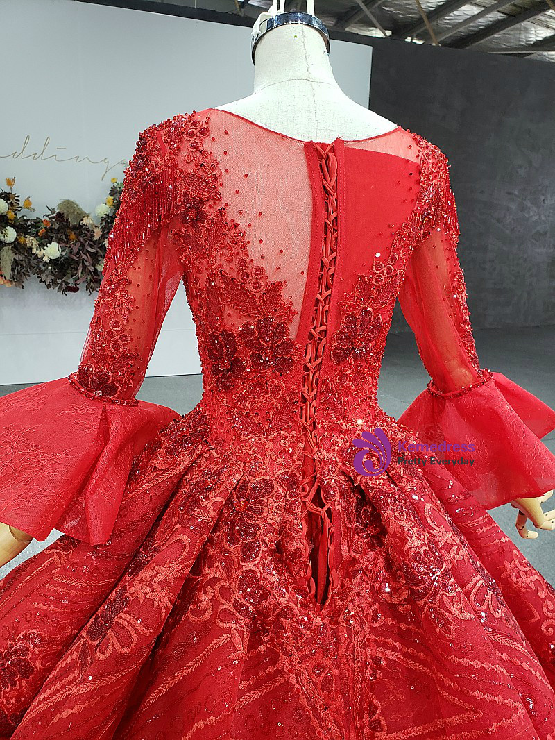 Red sequin wedding dress with floral appliques beading and long sleeves