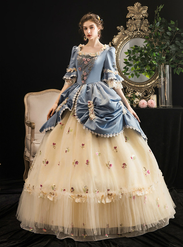 Yellow and blue vintage ball gown with floral appliques and layered tulle skirt