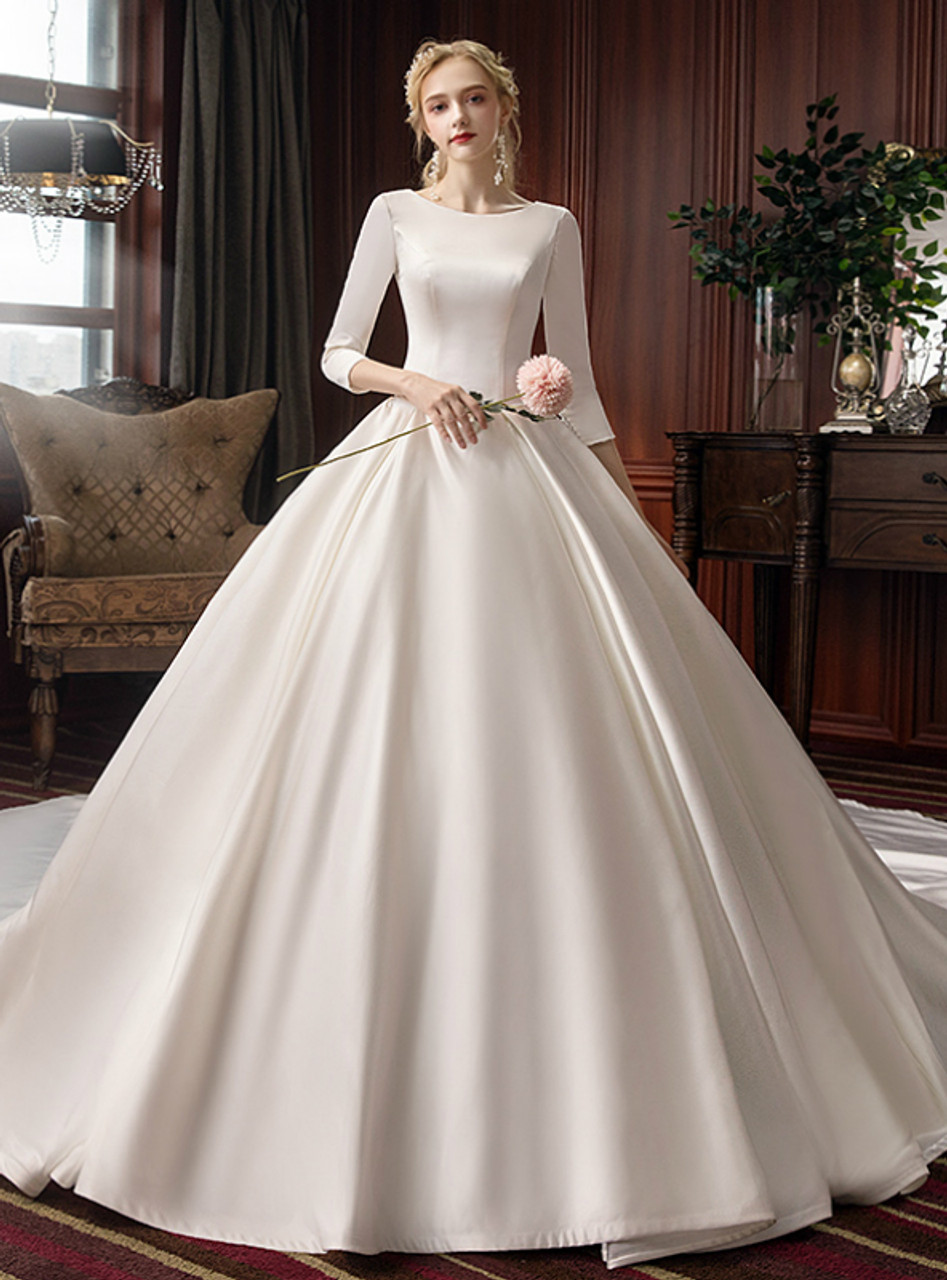 Plunging V-neck Sexy Elegant Satin Bridal Gown With 3/4 Sleeves And Court  Train - UCenter Dress