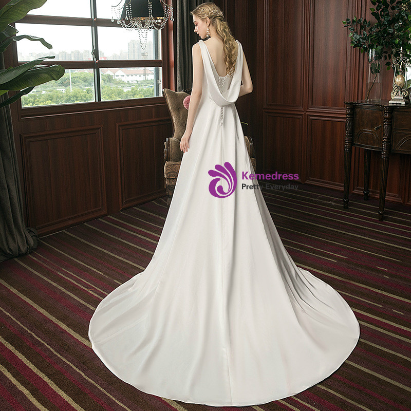 A-Line White Satin Backless Sleeveless Formal Wedding Dress