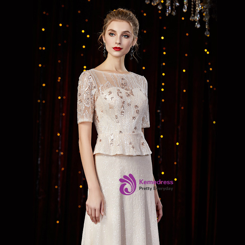 Champagne sequin mother of the bride dress with floral beaded bodice, illusion bateau neckline and short lace sleeves