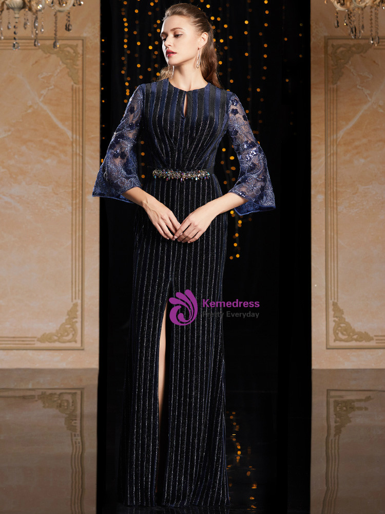 Sparkly Navy Sheath Cap Sleeves Long Mother of the Bride Dress with Sequins