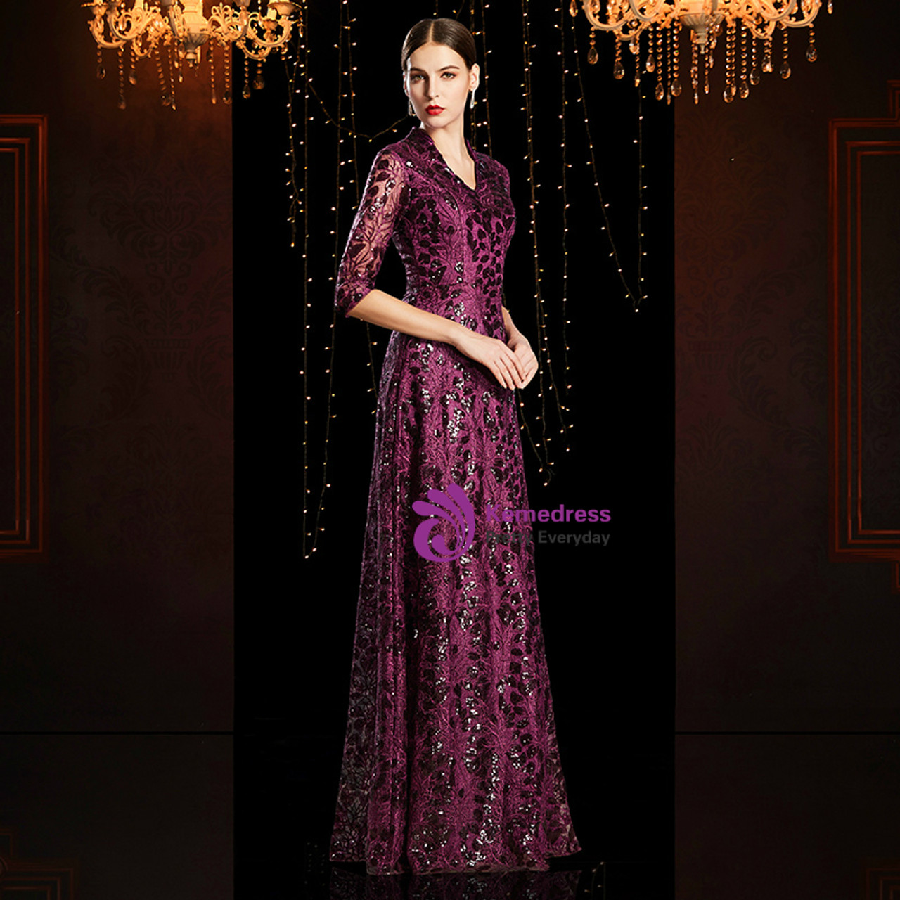 A-Line Purple Sequins V-neck Half Sleeve Mother of the Bride Dress