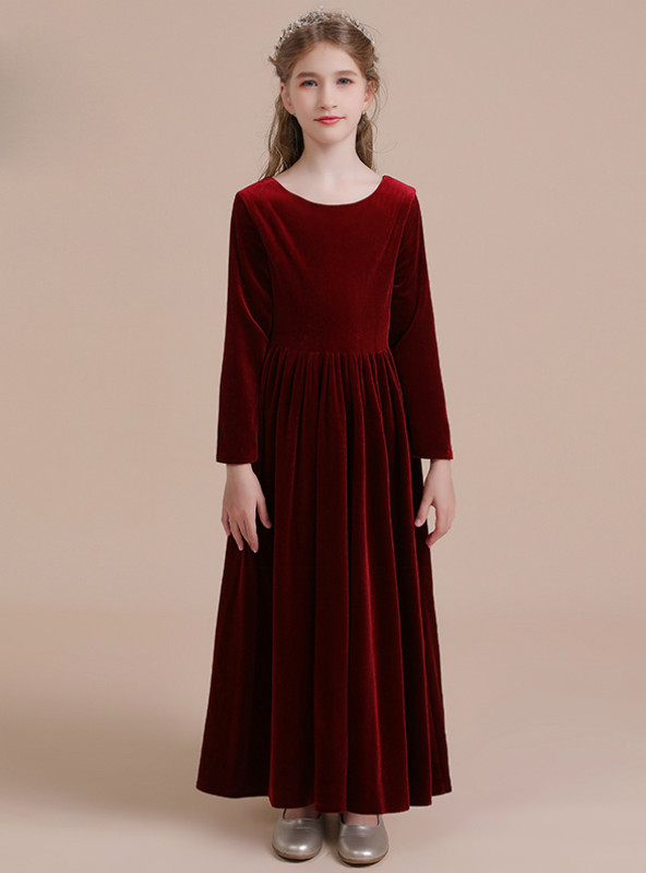 A-Line Burgundy Velvet Long Sleeve Long Flower Girl Dress