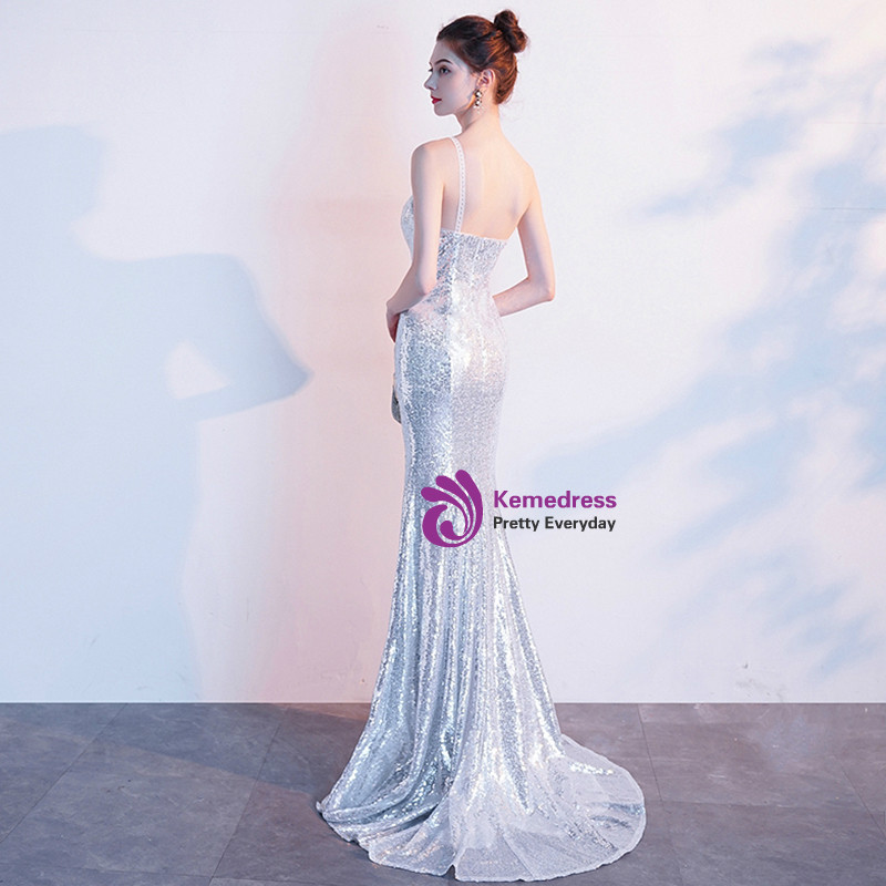 One Shoulder Long Sleevess Silver Party Dress Sequins Mermaid Prom Dress C2002