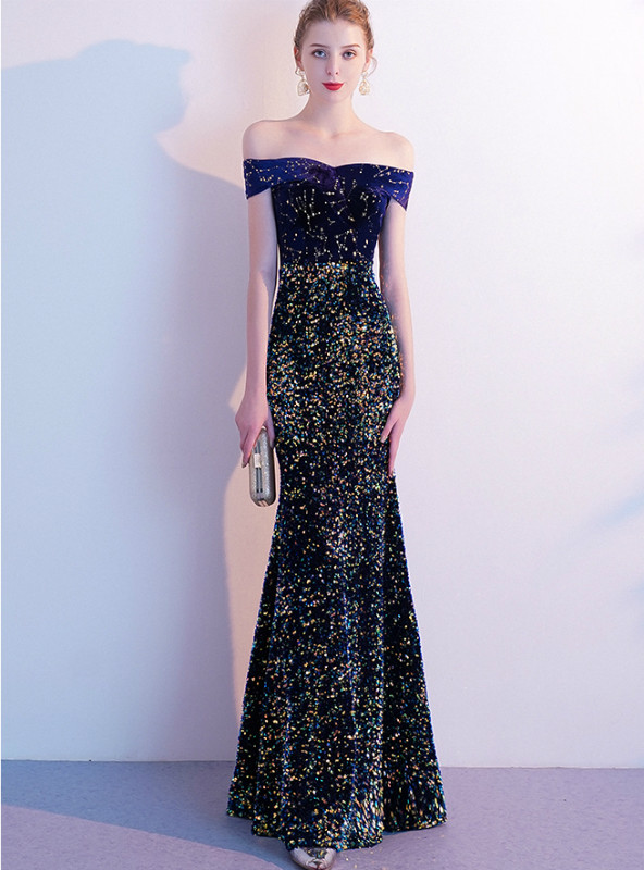 Blue off the shoulder sequin mermaid prom dress