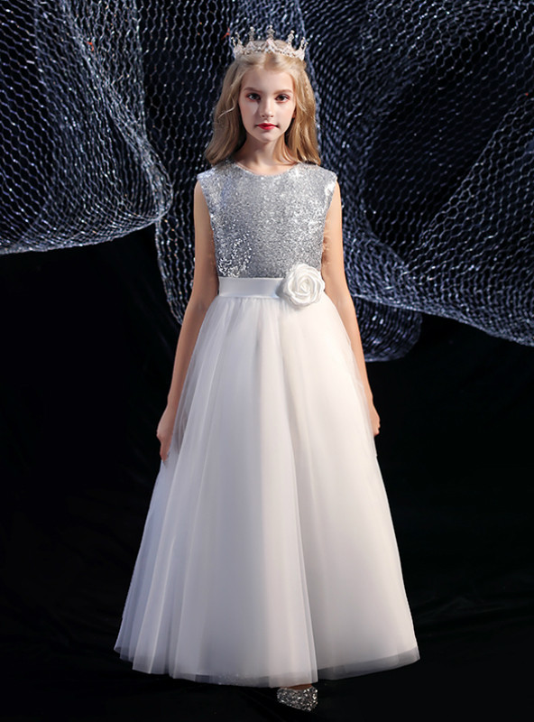 silver sequin flower girl dress