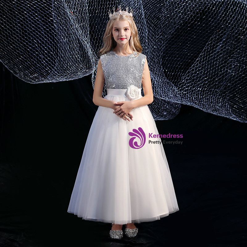 silver sequin flower girl dress