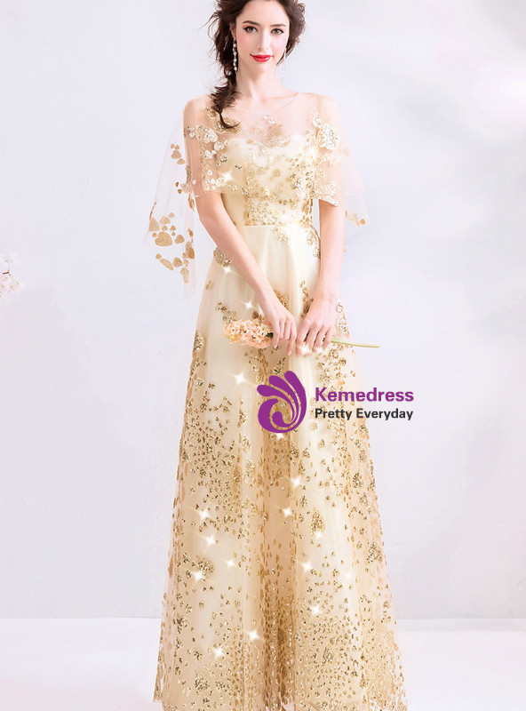 Gold Sequined Beading Backless Long Prom Dress,DP1033