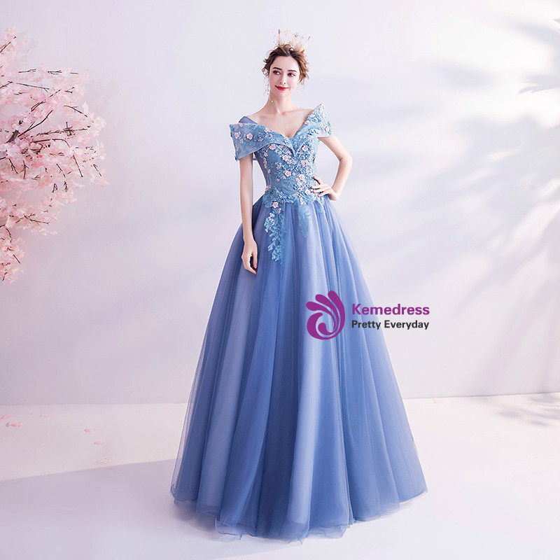 Blue A-Line Tulle Appliques Off-The-Shoulder Long Prom Dress Evening Gown,DP1443 main image 1