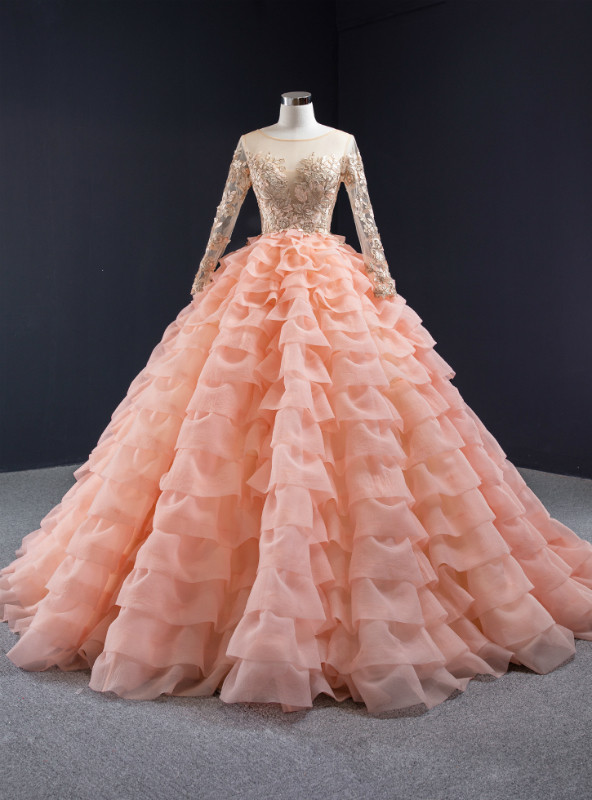 Orange Ball Gown Tulle Tiers Long Sleeve Appliques Prom Dress Orange Ball Gown Tulle Tiers Long Sleeve Appliques Prom Dress