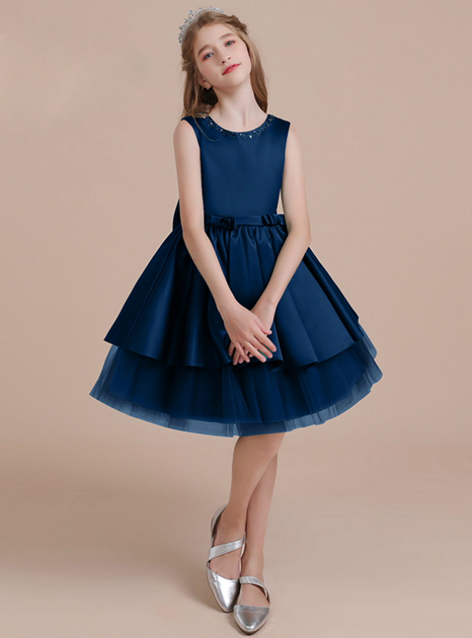 A-Line Navy Blue Tulle Satin Beading Flower Girl Dress