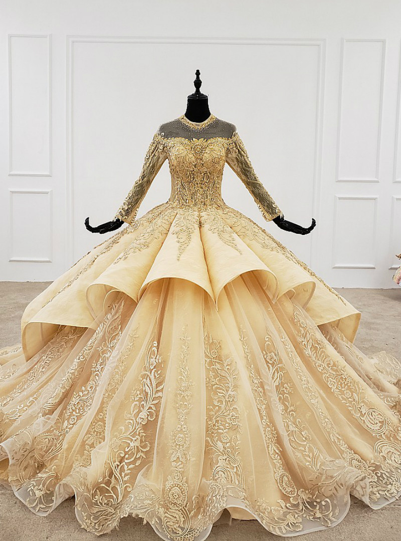 Gold Ball Gown Tulle Long Sleeve 