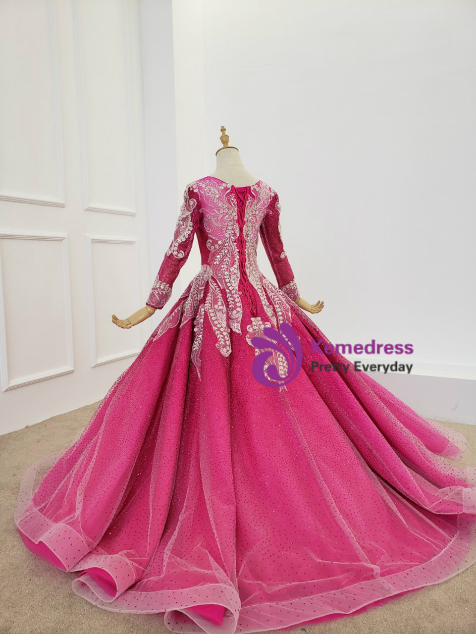 Fuchsia Ball Gown Sequins Long Sleeve Beading Wedding Dress