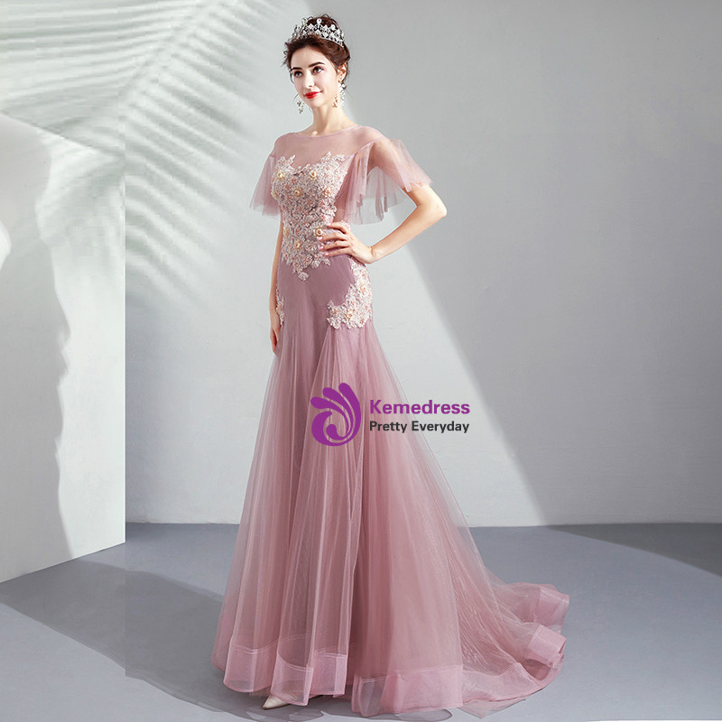 Pink Tulle Mermaid Off-The-Shoulder Prom Dresses With Lace Appliques, PL588