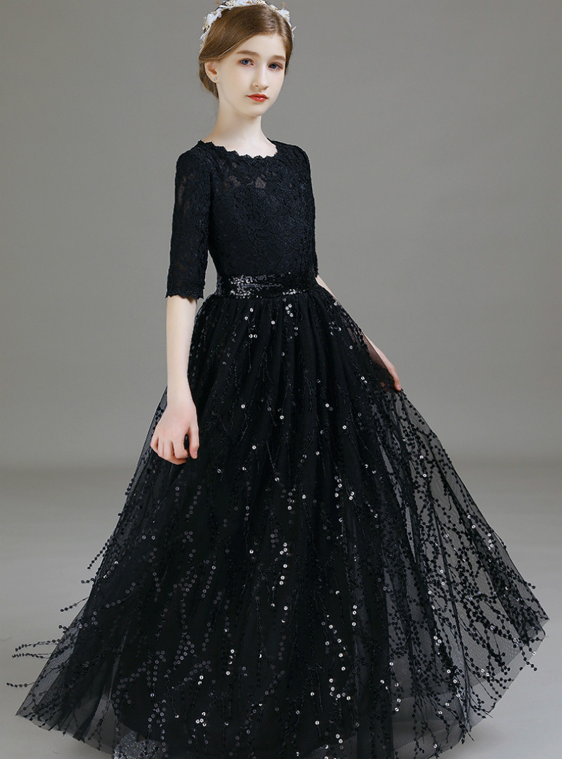 black sequin flower girl dress