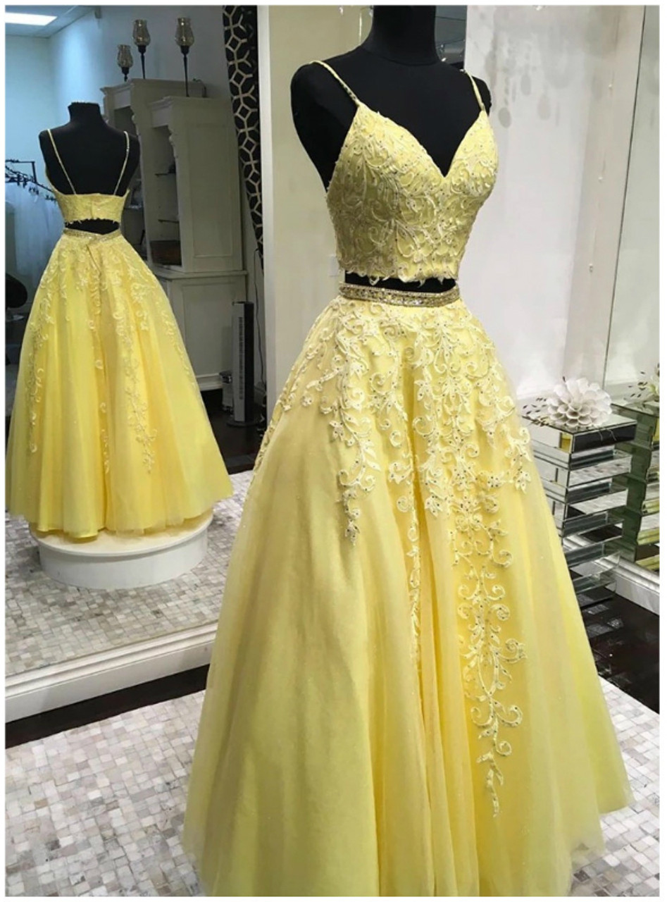 yellow two piece formal dress