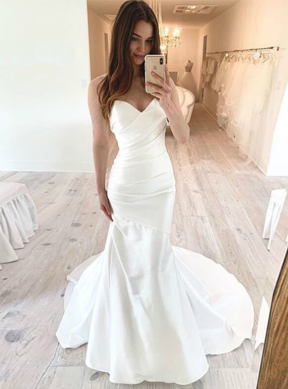 White Mermaid Satin Sweetheart Pleats Long Wedding Dress 2020