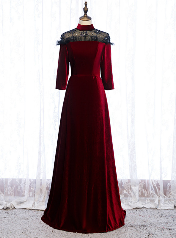 A-Line Dark Burgundy Velvet High Neck Short Sleeve Prom Dress 2020