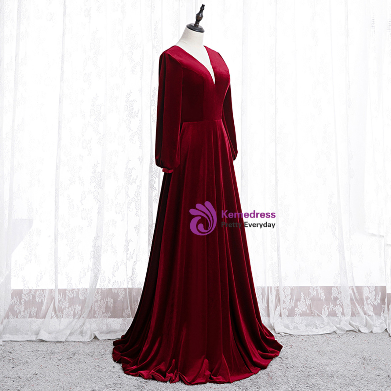 Burgundy Velvet V-neck Long Sleeve Long Prom Dress 2020