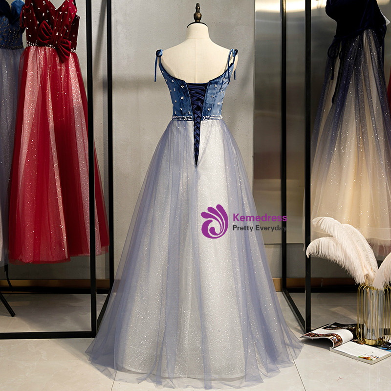 A Line Spaghetti Straps V Neck Tulle Prom Dress With Beading LBQ3866 main image 1