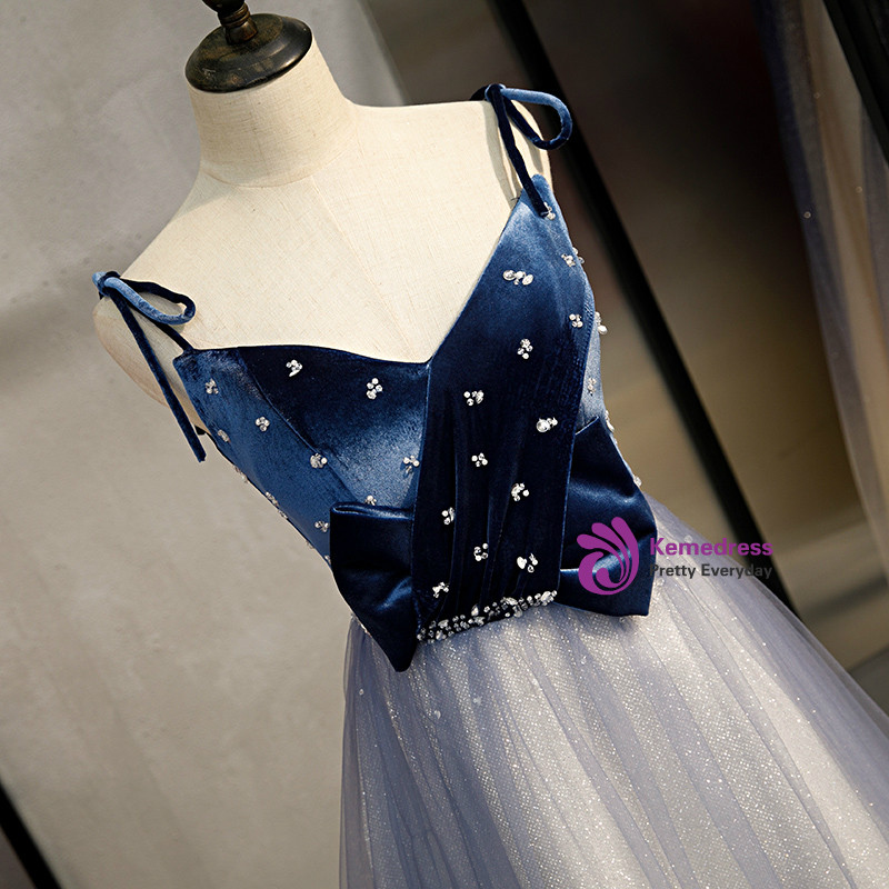 Blue Spaghetti Straps Tulle Beaded Long Formal Dress, Blue A-Line Evening Dress with Corset main image 0