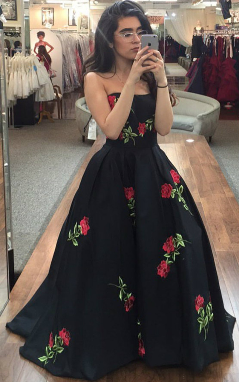 Black Formal Dress, Maxi Ball Gown, Special Occasion, Floral Embroidery,  Flowers | eBay