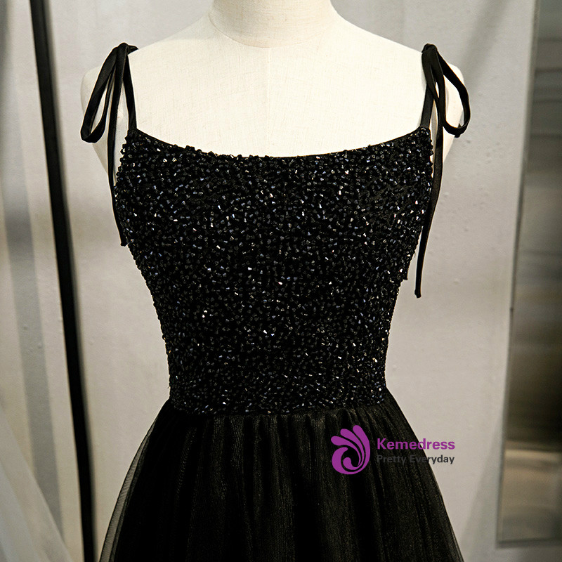 A-Line Sweetheart Spaghetti Straps Black Tulle Long Prom Dresses With Beading,RBPD0018