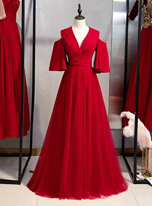 Burgundy V-neck Sleeveless Mid length Tulle Prom Dress Homecoming Dress main image 1